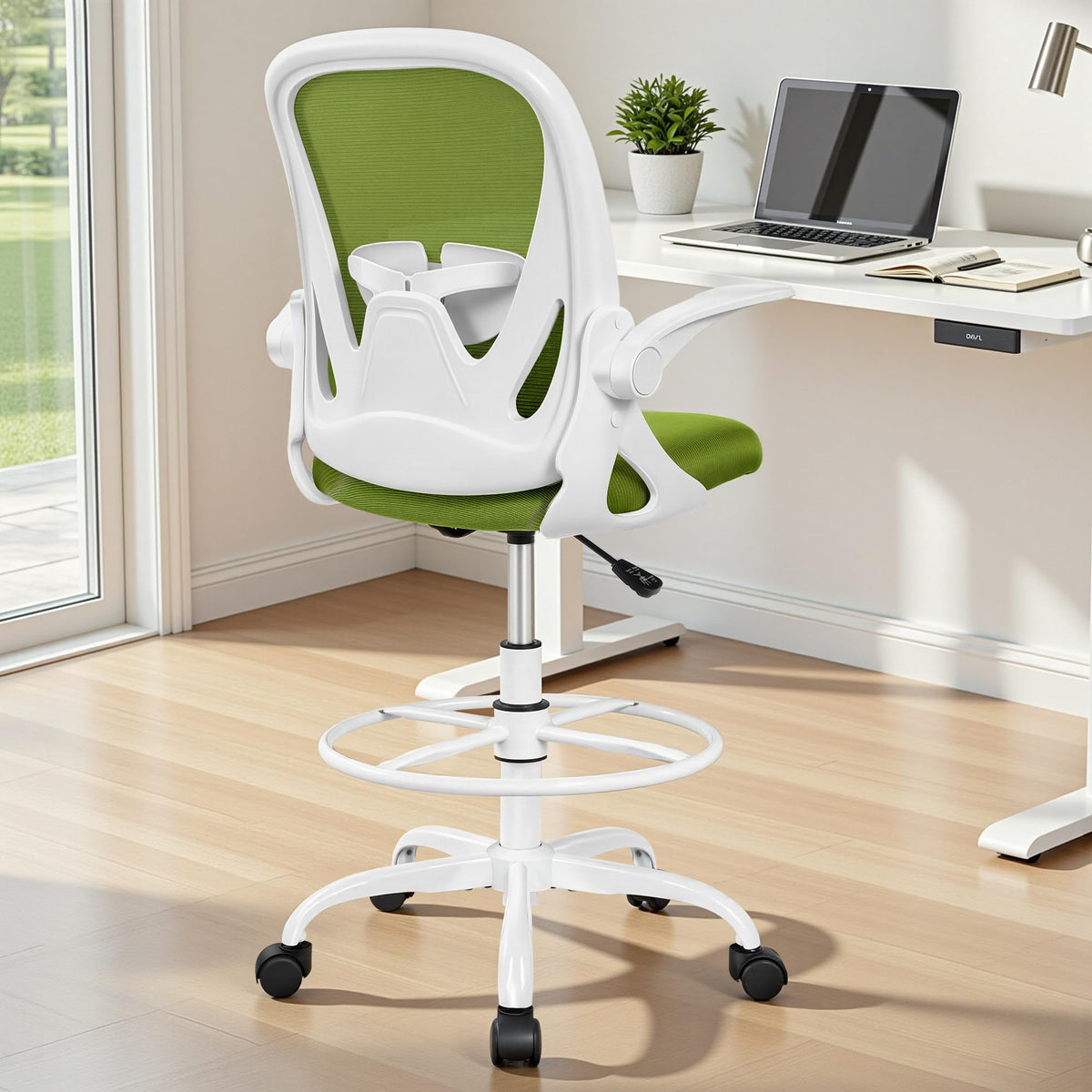Primy Drafting Chair Tall Office Chair with Flip-up Armrests Executive Ergonomic Computer Standing Desk Chair with Lumbar Support and