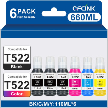 522 High Capacity (5 Bottles) Ink Refill Bottles Replacement for Epson 522 Ink Use for EcoTank ET-2400 ET-2720 ET-2800 ET-2803 ET-2840 ET-4700 ET-4800 ET-4810 Printers (550ML)