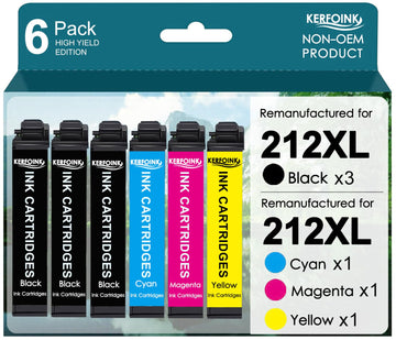Remanufactured Ink Cartridges for Epson 212 212XL Combo Pack Upgraded Chips for XP-4100 XP-4105 WF-2830 WF-2850 Printers, High Yield (3 Black, 1 Cyan, 1 Magenta, 1 Yellow, 6-Pack)