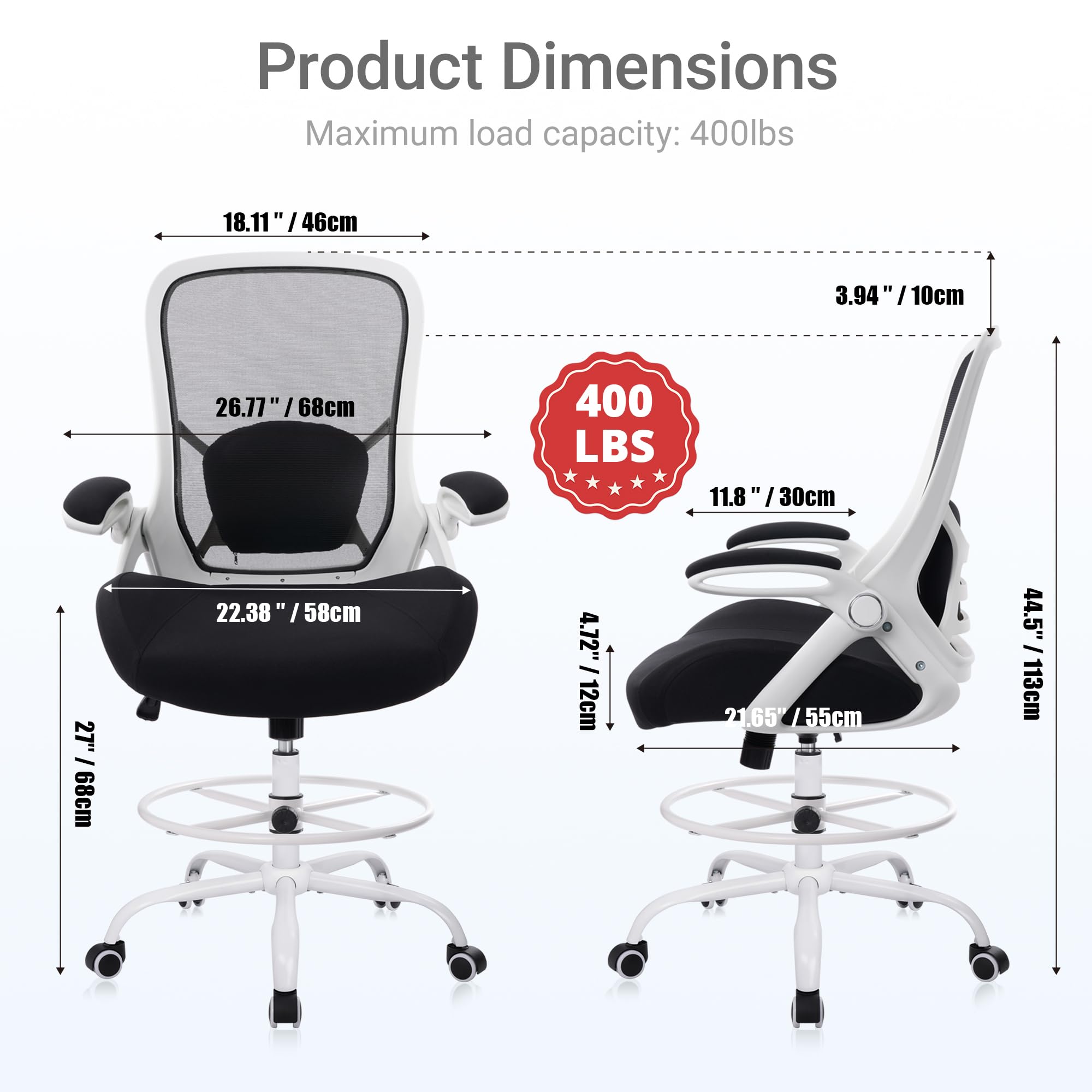 Hylone 400lbs Heavy Duty Drafting Chair 5" Thickened Seat Office Chair with Flip-up Armrests Tall Ergonomic Computer Chair with Lumbar Support
