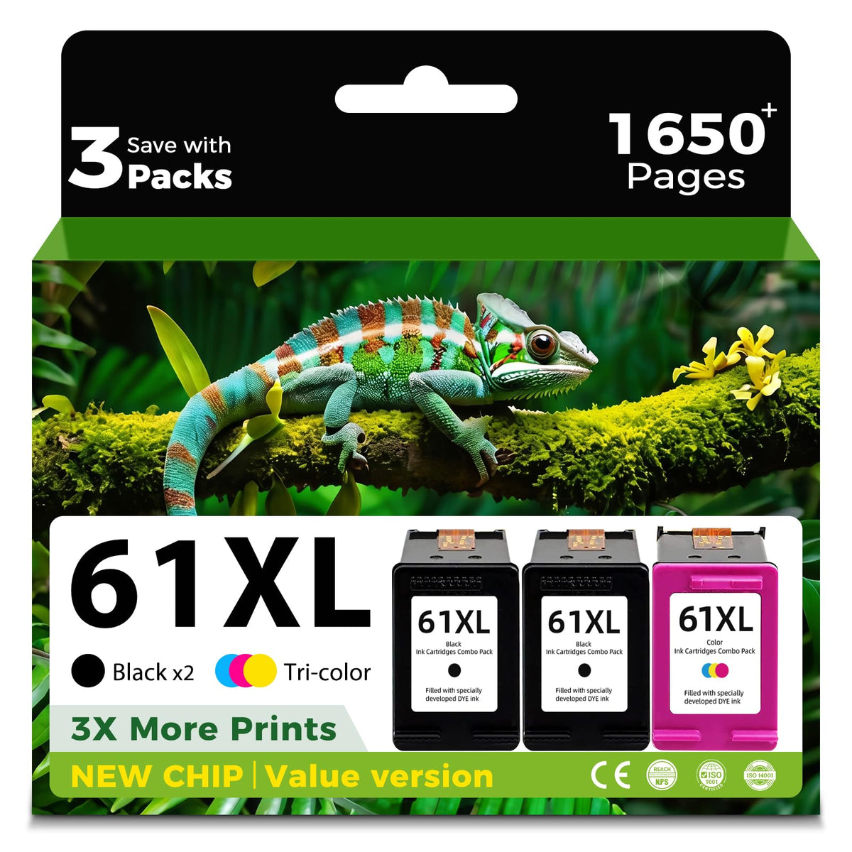 Skyink 61XL Remanufactured Ink Cartridge Replacement for HP 61 Ink 61XL Combo Pack (2 Balck and 1 Color) for Envy 4500 5530 4502 4501 5535 OfficeJet 4630 4635 DeskJet 2540 1000 1010 1510 Printers