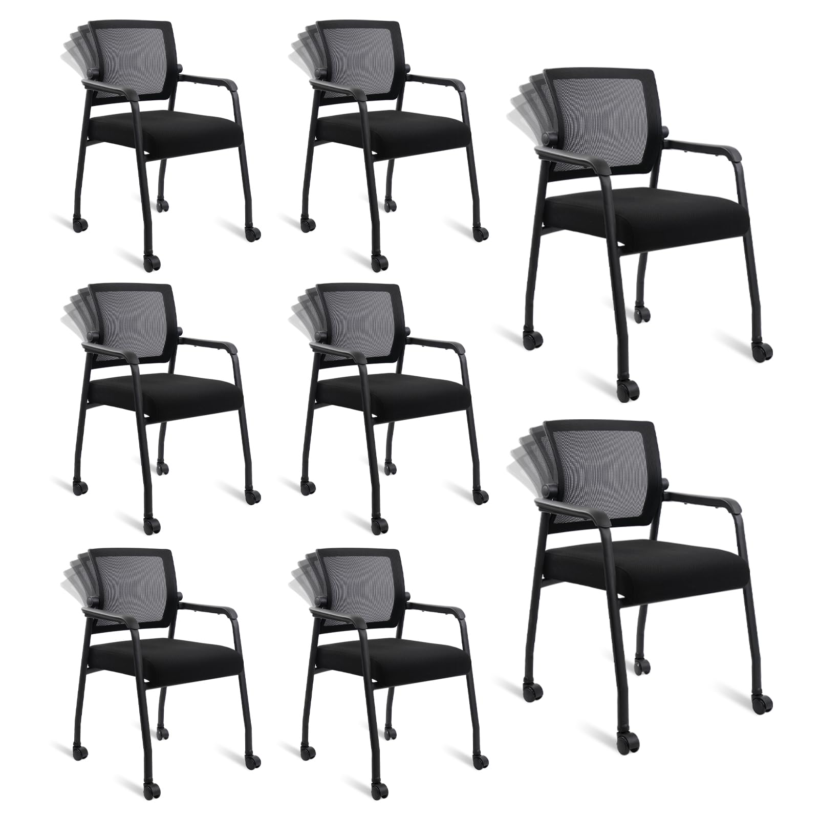 Klasika Waiting Room Chairs with Wheels, Adjustable Mesh Backrest, Desk Chair with Ergonomic Lumbar Support and Thickened Seats Cushion, 8 Pack