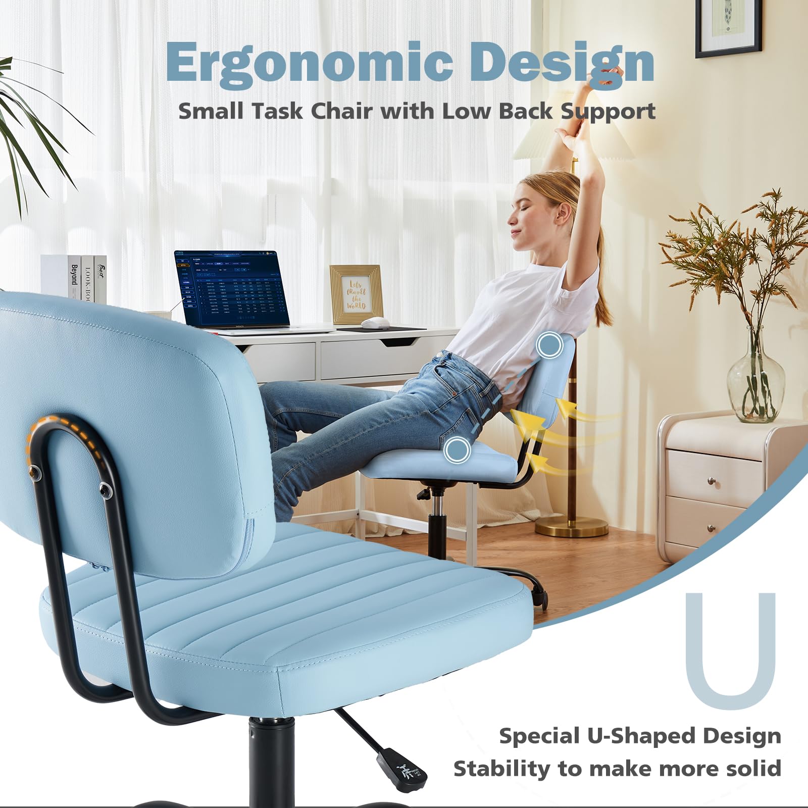 Dumos Armless Office Chair, Small Home Desk Chair, Lumbar Support, Compact, Blue