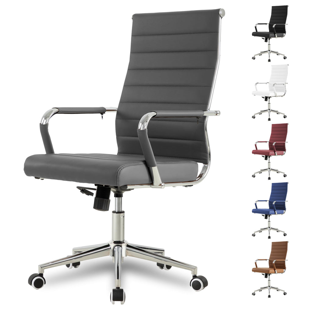 Okeysen Grey Office Desk Chair, Ergonomic Leather Modern Conference Room Chairs, Executive Ribbed Height Adjustable Swivel Rolling Chair for