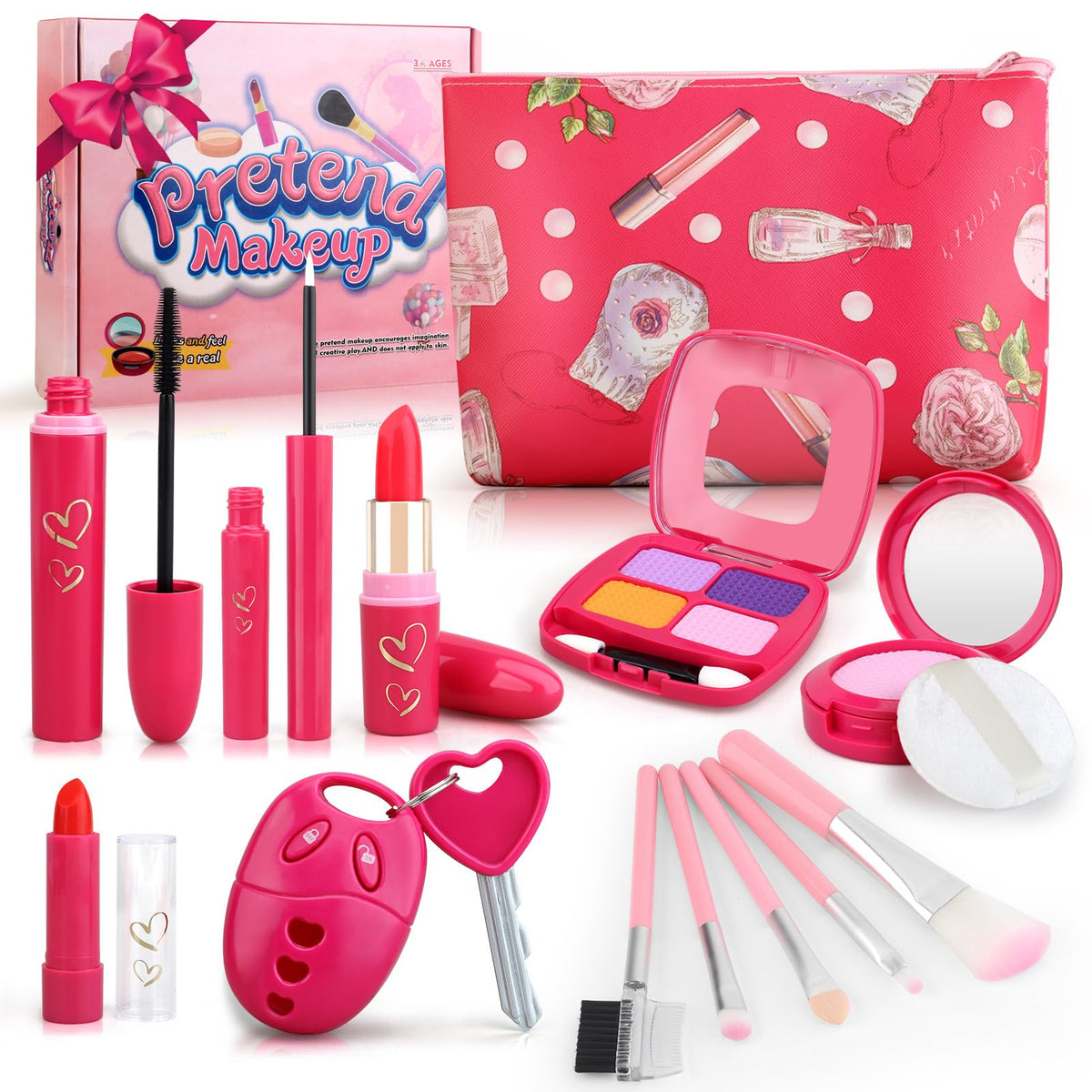 Woumserta Toddler Girl Toys, Pretend Makeup Kit for Girls 3-5, Kids Play Makeup Set for Kids 3-5 4-6, Toddler Makeup Kit with Fake Makeup Set, Car Key & Make up Toy for Age 3 4 5 Year Old Girl Gifts