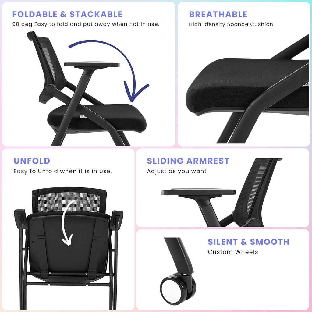 Brobriyo, 10 Pack Stackable Conference Room Chairs with Wheels and Paddle, Ergonomic Mesh Back and Arms for Meeting, Conference, Reception,