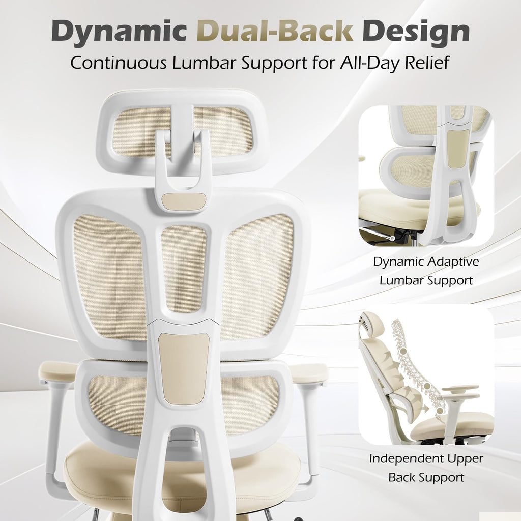 Ergonomic Office Chair with Footrest and Dynamic Lumbar Support, Cream, High Back, Beige