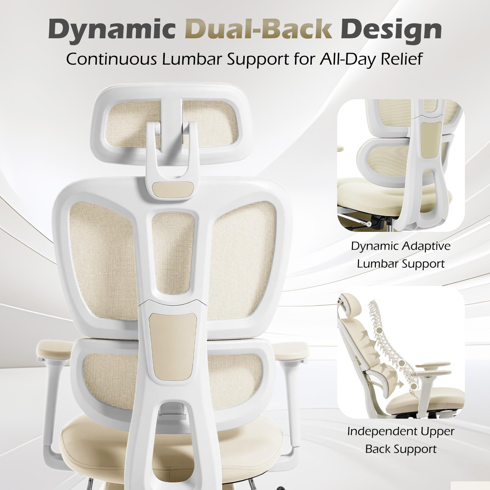 Ergonomic Office Chair with Footrest and Dynamic Lumbar Support, Cream, High Back, Beige