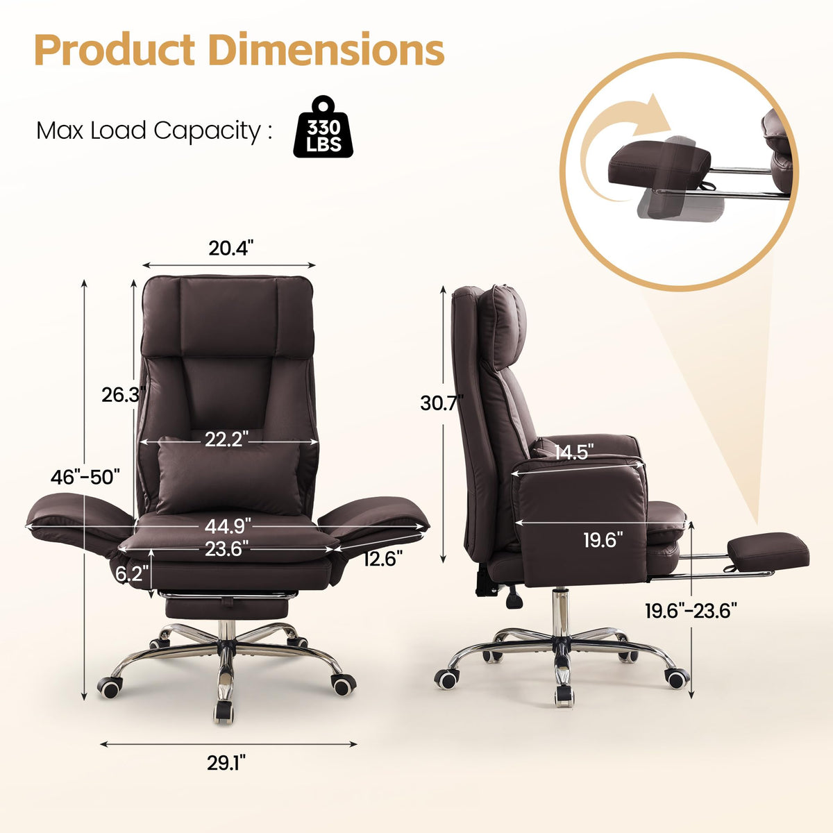 Big and Tall Office Chair, Footrest & Flip Armrest for Pets, Pu Dark Brown, PU Leather