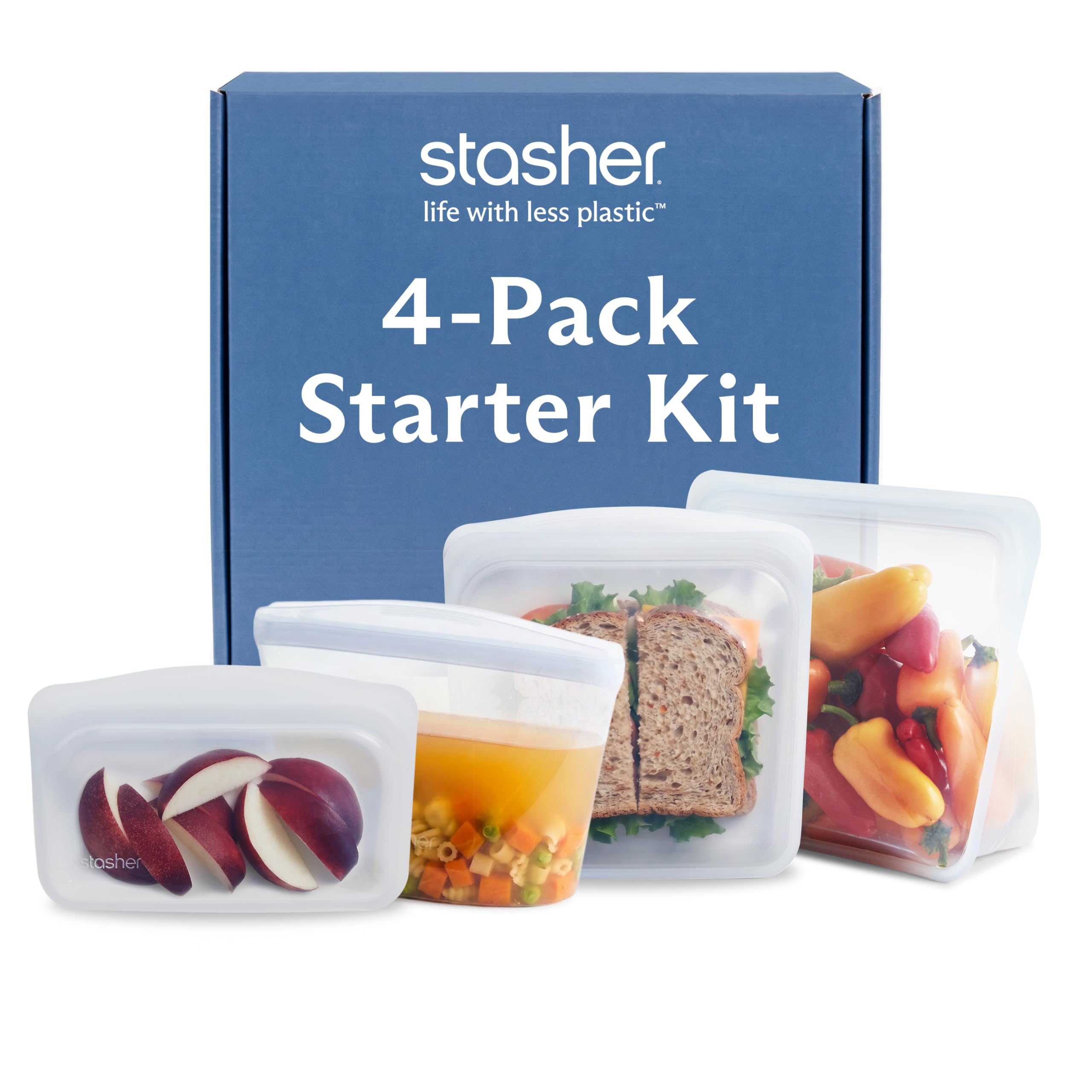 Stasher Silicone Reusable Storage Bags, 4-Pack Starter Kit, Reusable Freezer Bags, Microwave, Dishwasher, Oven Safe, Sous Vide, Premium Lunch Containers, Eco Friendly, Food Storage Bags, Clear | Reusable Food Bags