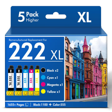 Remanufactured Replacement for 222XL XP-5200 Ink Cartridges Combo Pack | Compatible for 222 for Epson Printer Expression Home XP5200 XP 5200 Workforce WF2960 WF 2960 Multipack (5 Pack-2BKCMY)