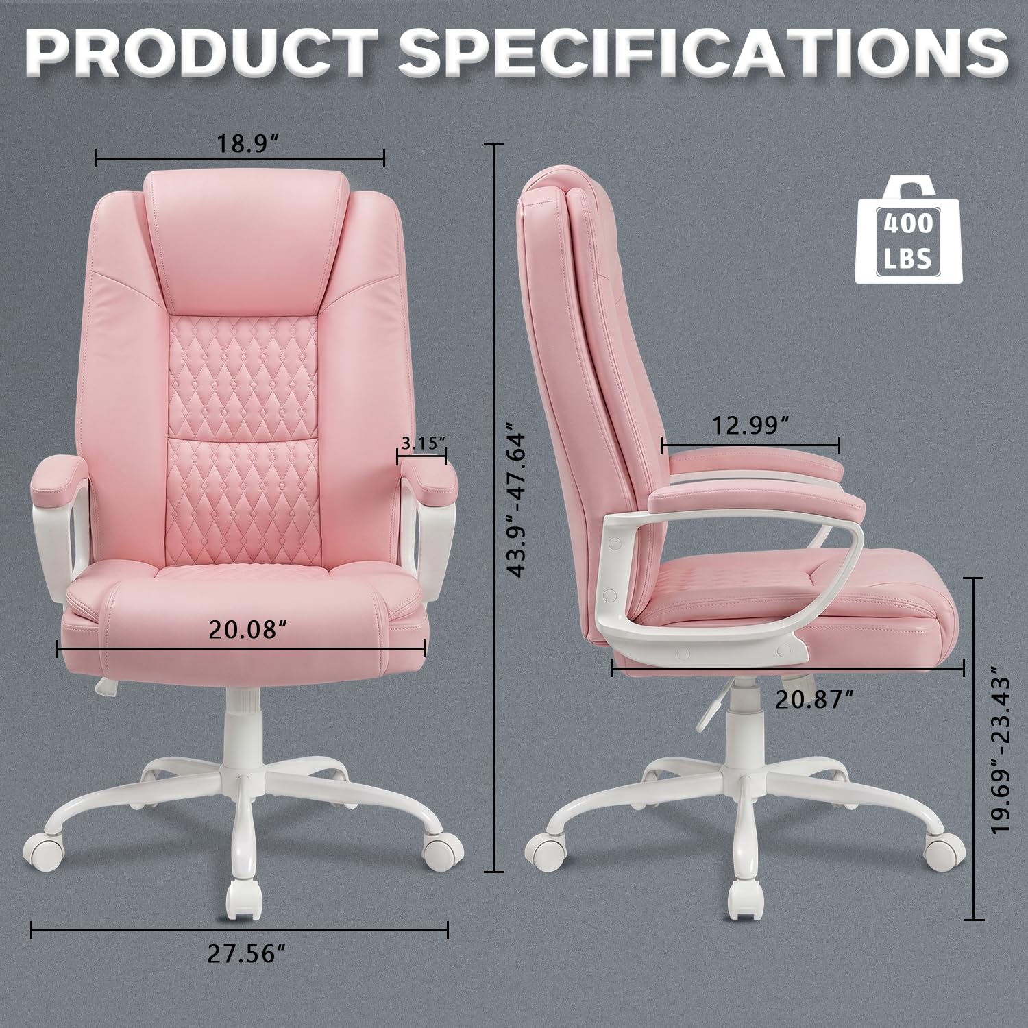 Lemberi Home Office Executive Desk Chair, High Back Pu Leather Chair, Height Adjustable Swivel Computer Chair with Padded Armrest, Pink
