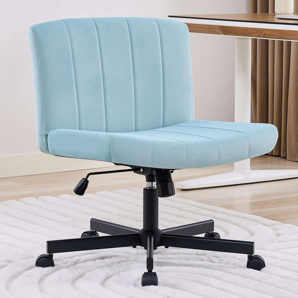 Lukkdys Criss Cross Chair with Wheels, Wide Cross Legged Desk Chair, Comfy Fabric Vanity Chair for Home Office Bedroom, Adjustable Armless