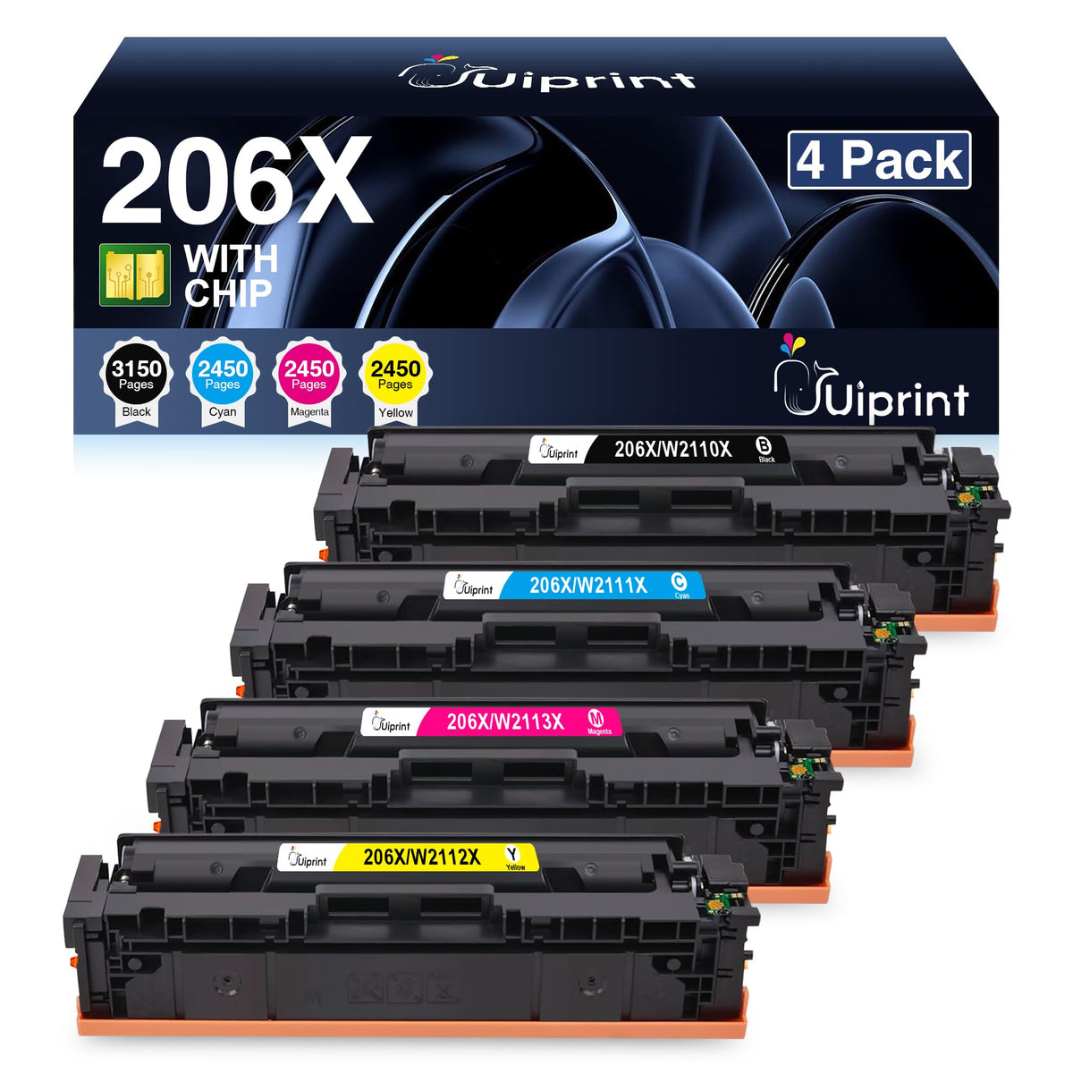 206X Toner Cartridges 4 Pack with Chip Replacement for HP 206A 206X Compatible with HP Color LaserJet Pro MFP M283fdw M283cdw M283fdn Pro M255nw M283 M255 Printer(W2110X W2111X W2112X W2113X)