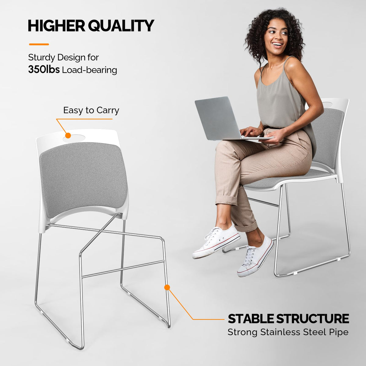 Vingli Stackable Plastic Mesh Padded Chairs for Office Set of 12, Grey, 12 Pack