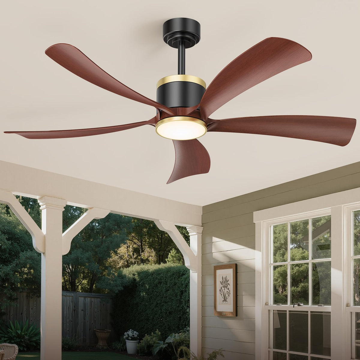 BLNAN 52" Premium Walnut Solid Wood Ceiling Fan with Light - Whisper-Quiet DC Motor, 6 Speeds, 3000K-6000K Dimmable LED, Remote Control with Timer, 2 Downrods for Indoor/Outdoor, A++ Energy Saving
