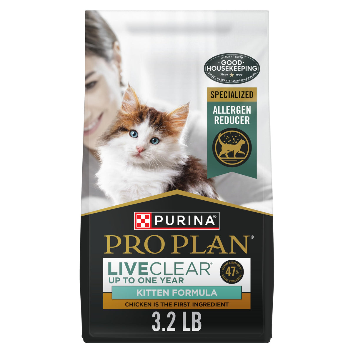 Purina Pro Plan LiveClear Dry Cat Food for Kittens Cat Allergen Reducer Chicken and Rice Formula - 3.2 lb. Bag