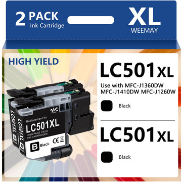 Weemay LC501XL LC501 XL Black Ink Cartridge LC501XL2PK (2-Black,1,000 Pages) Compatible for Brother LC501 LC501XL Ink Cartridges BK for Brother MFC-J1260W MFC-J1360DW MFC-J1410DW Printer (Black)