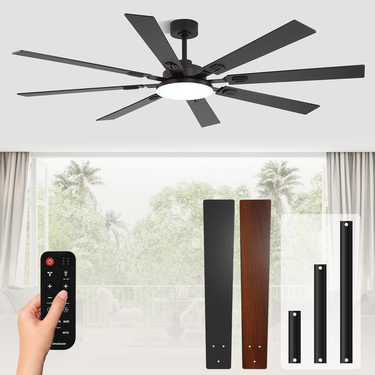 72 Inch Ceiling Fans with Lights and Remote, Dual Color 8 Blades, Bedroom Living Room Office Library Cafe Outdoor Industrial, 3CCT Dimmable, 6 Speed Reversible Quiet DC Motor, Black/Wood Grain