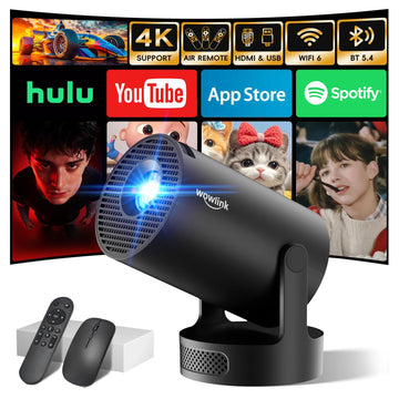 [Built-in Apps & 2026 Upgraded] Mini Projector with WiFi 6 and Bluetooth 5.4 Support 4K 1080P Auto Keystone 180° Rotatable Projector Portable Compatibile with HDMI/TV Stick/Memory Stick/Laptop, Black