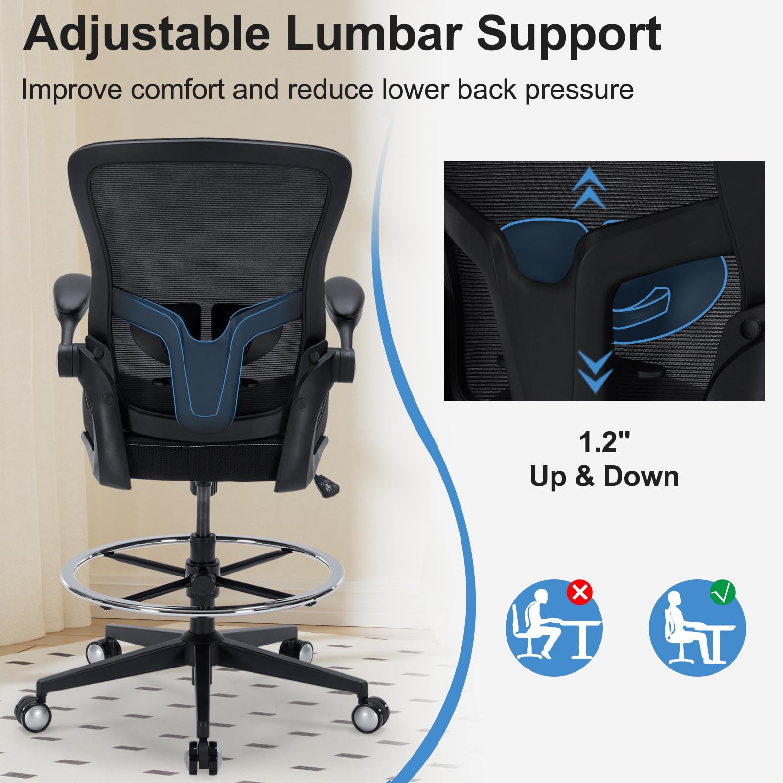 Drafting Chair 400lbs Heavy Duty Tall Office Chair Big and Tall Ergonomic Standing Desk Chair with Lumbar Support and Adjustable Footrest Ring,