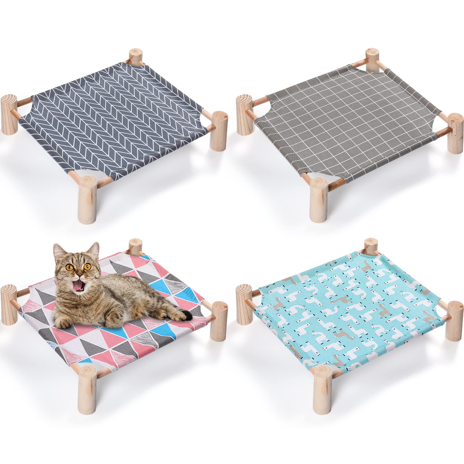 Mixweer 4 Pcs Cat Hammock Bed Wooden Cooling Elevated Bed Detachable Portable Chair for Small Dogs Pets Sleeping Indoor and Outdoor 21 x 19 x 5 Inch(Alpaca)