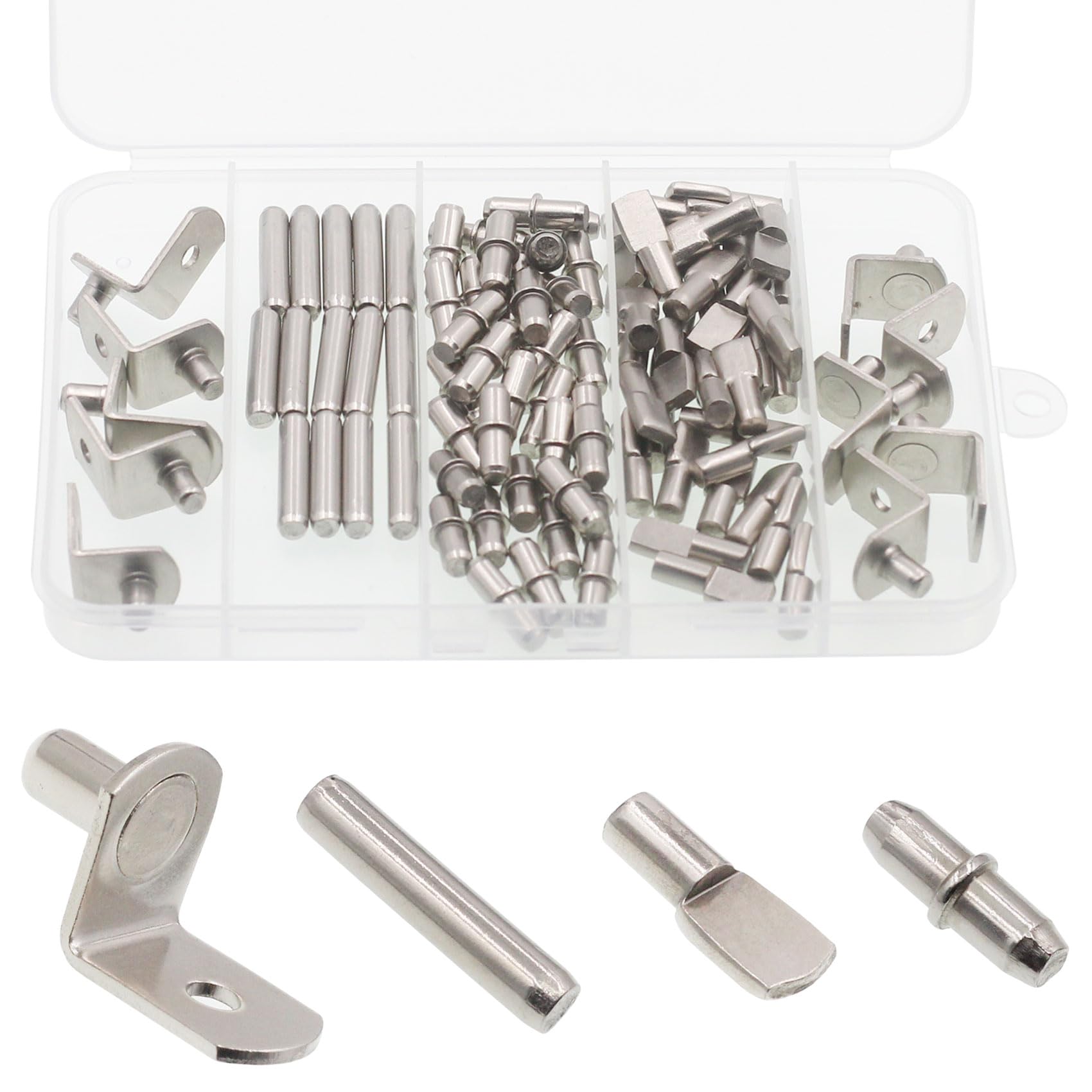 Shelf Support Pegs Kit, 94 Pcs 4 Styles Shelf Pegs, 5mm Nickel Plated Cabinet Shelf Bracket Pegs, Shelf Pins Holders for Bookcase Kitchen Closet Shelf Shelves Furniture Cabinet
