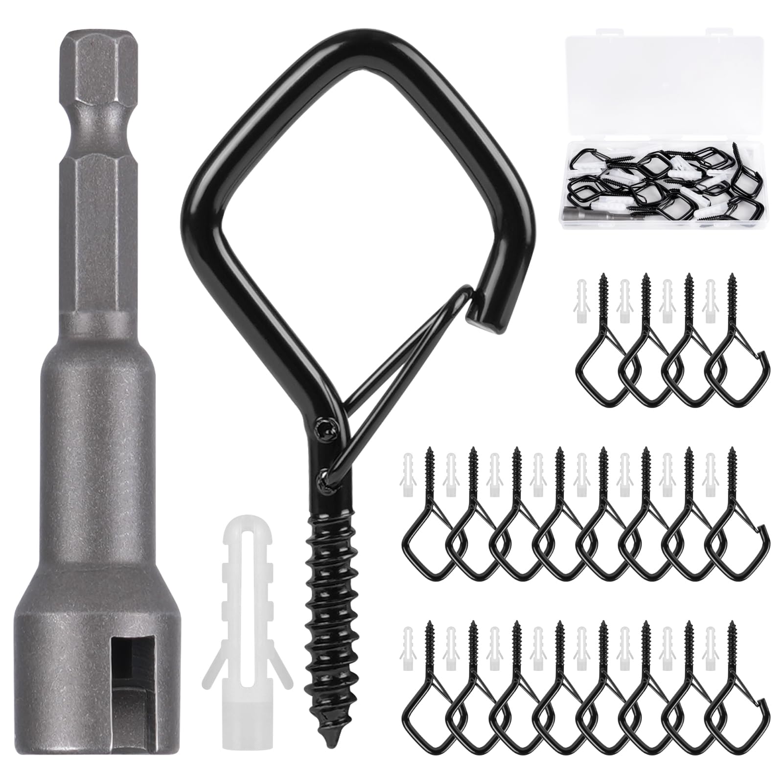 RELBRO Q Hanger Hooks, 2.2 Inch Metal Screw Hooks with Safety Buckle, Heavy Duty, Weatherproof, Black, 20 Pcs