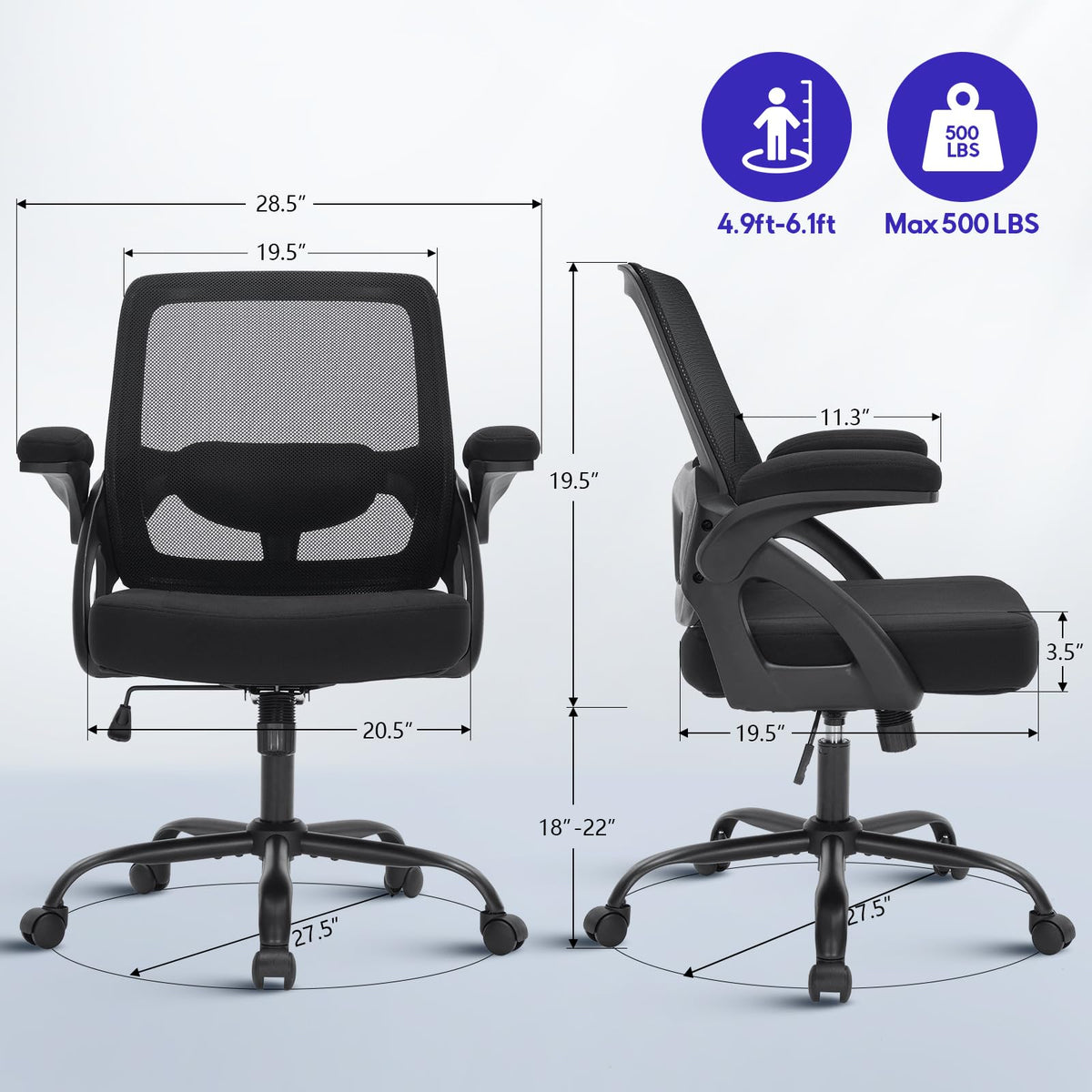 Big and Tall Ergonomic Office Chair 600lbs,heavy Duty Rocking Chair with Flip-up Arms, Computer Mesh Desk Chair Extra Wide Seat,executive