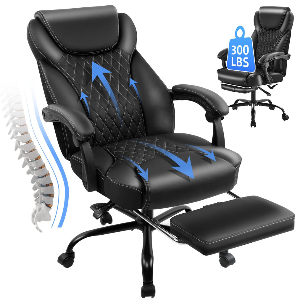 Amseatec Big and Tall Office Chair with Footrest, Lumbar Support, Black, Oversized