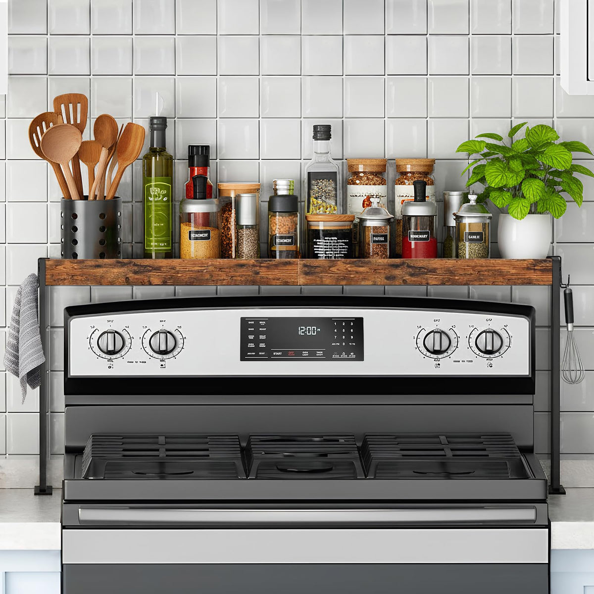 Spice Rack Shelf for Kitchen Stove, Over the Stove Shelf with 4 Level Adjustable Height, Over Stove Spice Rack with 4 Hooks, Rustic Brown + Black