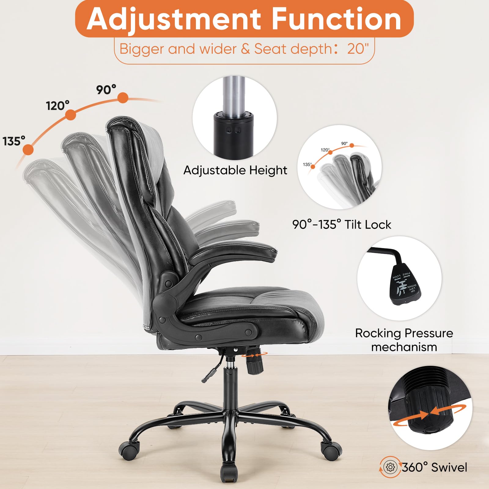Sweetcrispy Ergonomic Computer Gaming Office Chair, Heavy Duty Task Desk Swivel Rolling Chairs with Wheels, Flip-up Arms, Adjustable Height, Pu