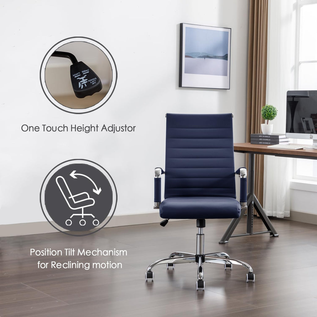 Office Desk Chair Leather, Conference Room Chairs with Wheels, Executive Modern High Back Ergonomic Swivel Rolling Ribbed Computer Chair