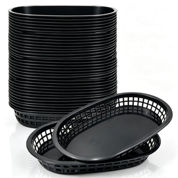 LyyGuanYoo 40 Pack Fast Food Baskets, Reusable Deli Fast Food Storage Basket, 10.5 x 7 Inch Black Plastic Baskets, Foods Service Tray Holde for Easter, Fruit, Hot Dogs, Burgers, Fries, Snacks,Picnic