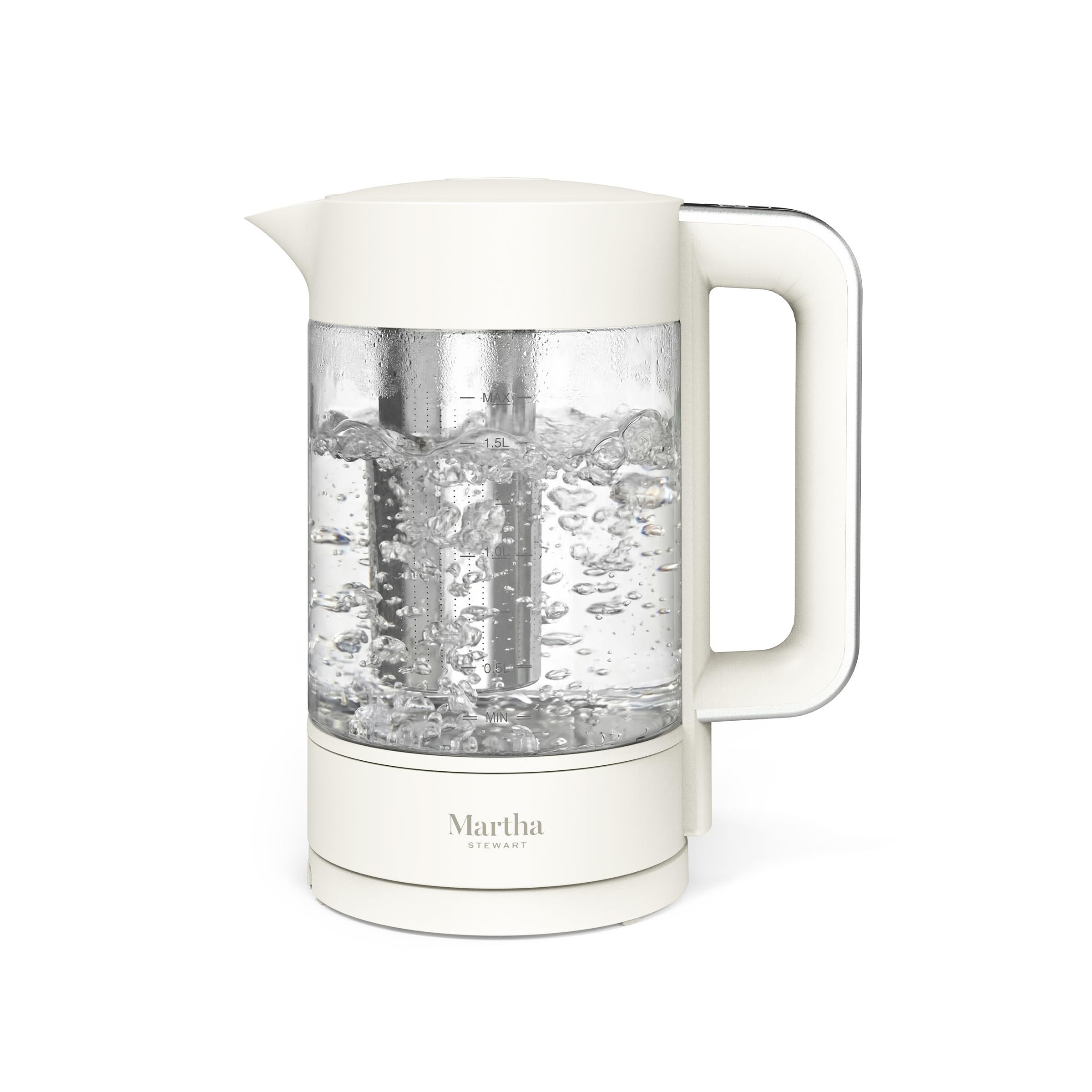 Martha Stewart Electric Kettle with Removable Stainless Steel Tea Infuser, Glass Carafe?1.7L (7 Cups), Hot Water Boiler, 4 Presets, Keep Warm & Auto Shut-Off, Cordless 360° Swivel Base, Linen Cream