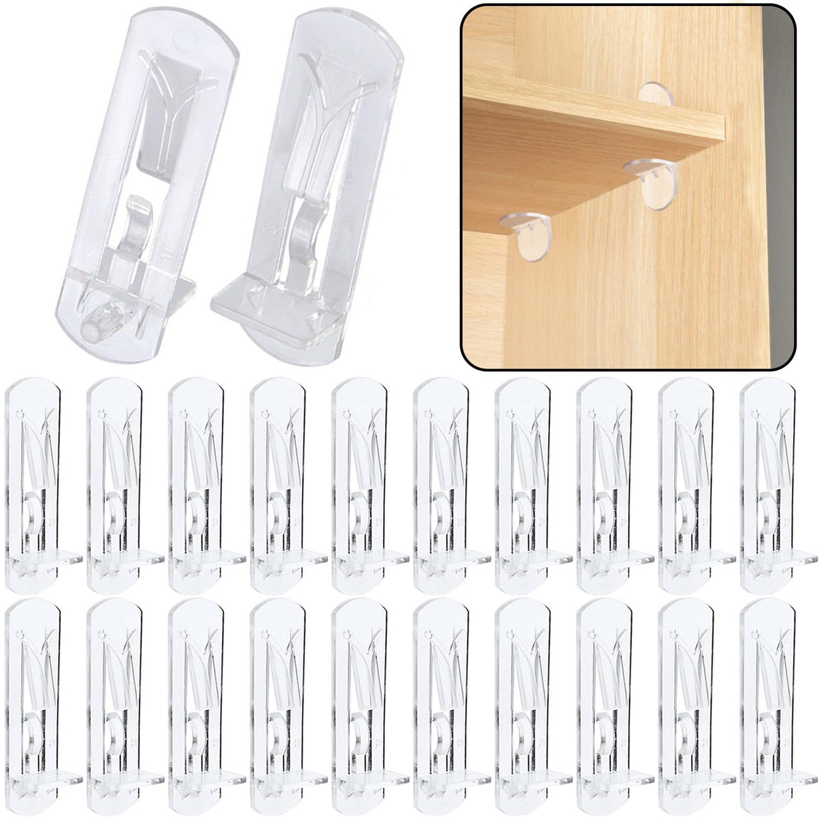 20pcs Plastic Locking Shelf Support Pegs,6mm Shelf Pins ,Self-Locking Bracket Clips,Clear Shelf Pegs for for Kitchen Cabinet Furniture Book Shelves, 6mm Peg x 3/4" Thick Shelves