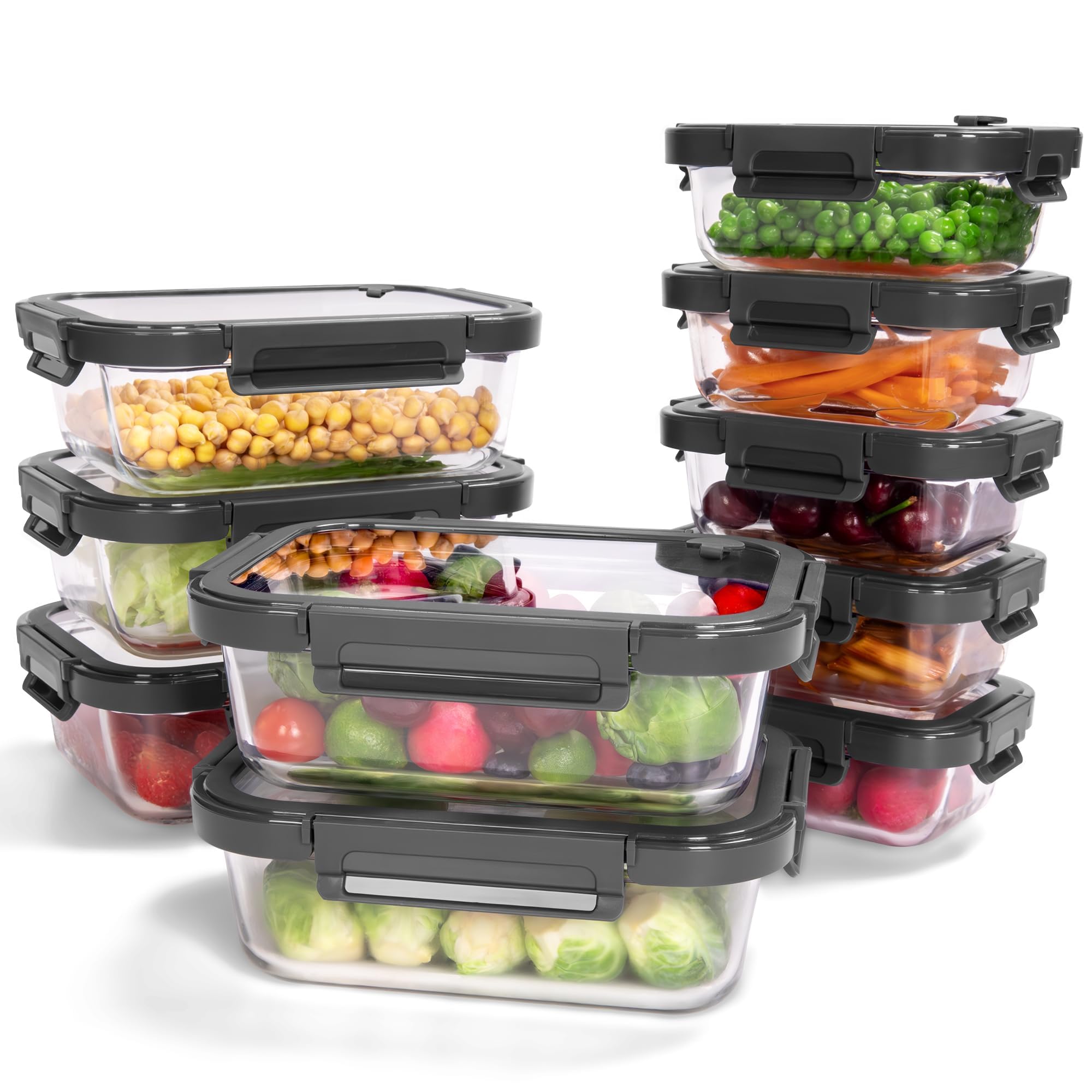 10-Pack Glass Food Storage Containers with Tempered Lids – Borosilicate, Airtight, Oven-Safe (-4°F~950°F), BPA-Free, 4.4 & 1.6 Cup, Leak-Proof, Dishwasher Safe (Gray)
