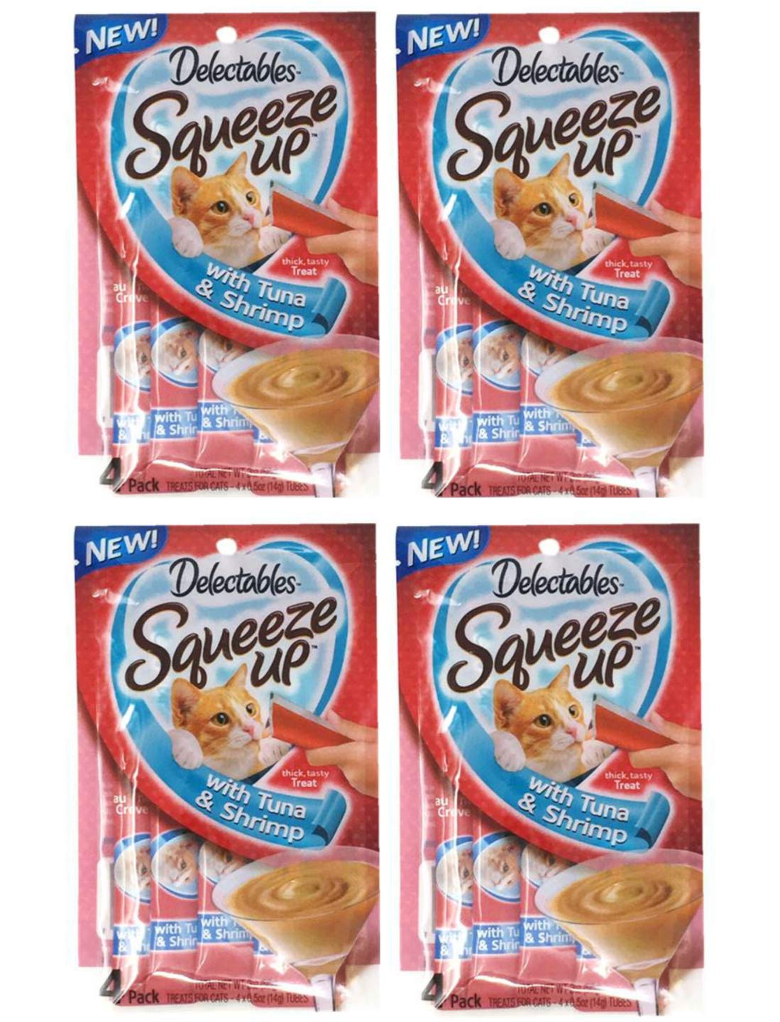 Delectables Squeeze Up Hartz Cat Treats Bundle of 4 Flavor Pouches, 2.0 oz Each (Tuna & Shrimp)