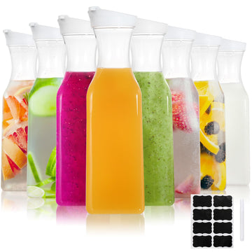 YOUEON 8 Pack 50 Oz Plastic Water Carafe with Lid and Label, Clear Water Drink Containers, Juice Carafe Pitcher Bulk for Water, Juice, Iced Tea, Soda, Lemonade and Other Beverages
