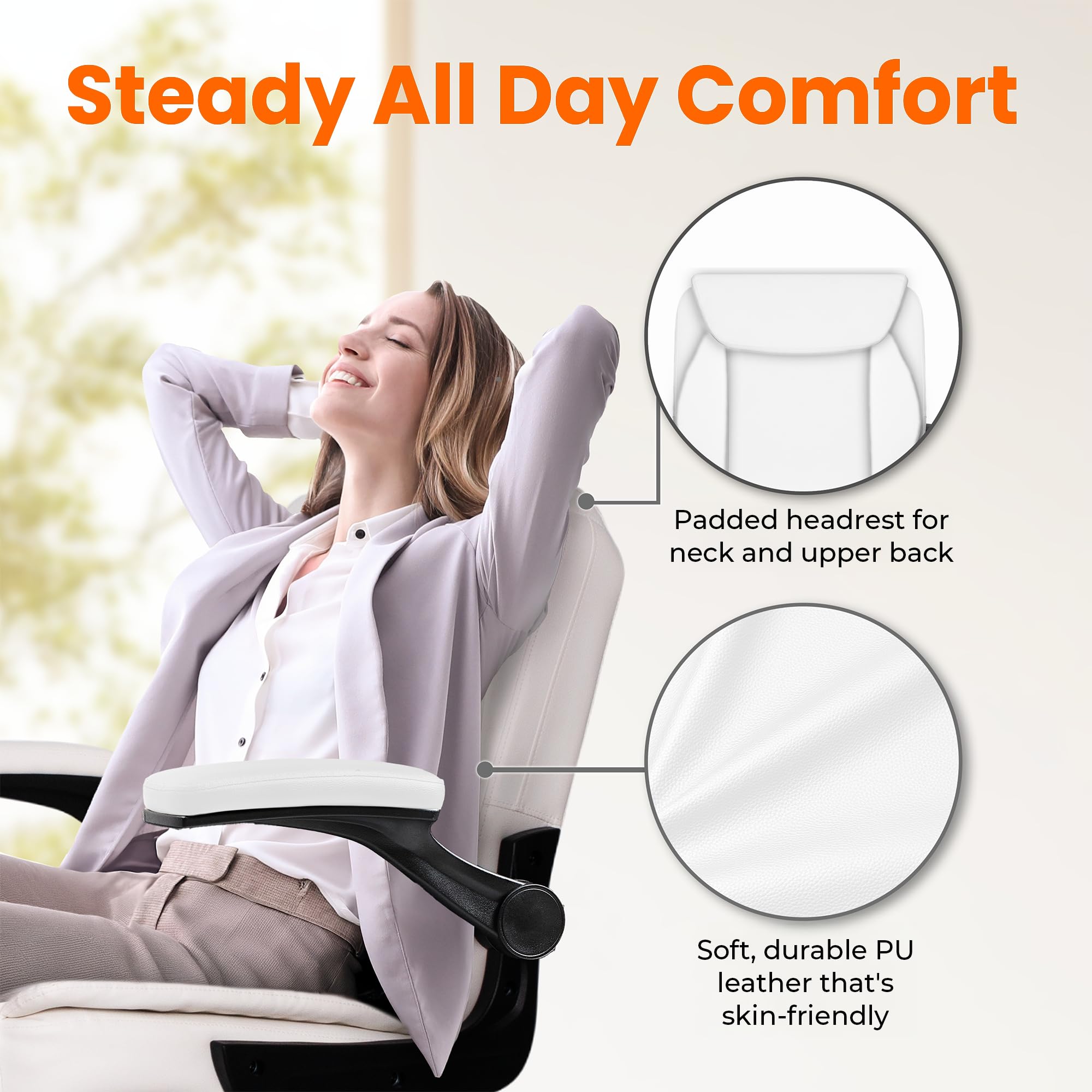 Neo Chair Pu Leather Office Desk Chair with Adjustable Arms, White, 25.5 inches x 22.5 inches x 42.3 inches