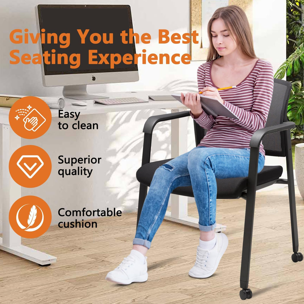 Clatina Black Waiting Room Chair with Wheels Mesh Back Stacking Arm Chairs with Upholstered Fabric Seat and Ergonomic Lumbar Support for Office