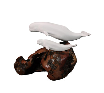 Beluga Mother & Calf Sculpture by John Perry 8in Long on Polished burlwood Base. Signed.