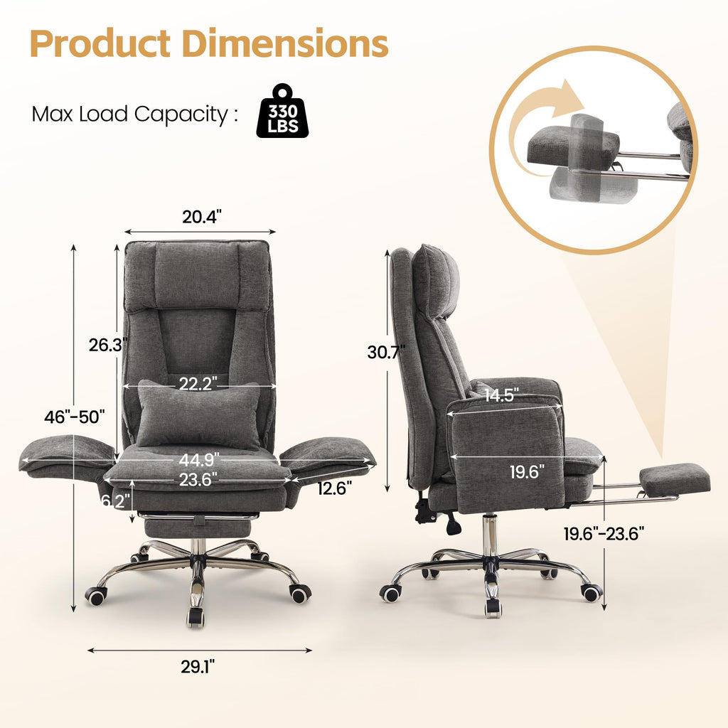 Big and Tall Office Chair, Footrest & Flip Armrest for Pets, Light Grey, Chenille