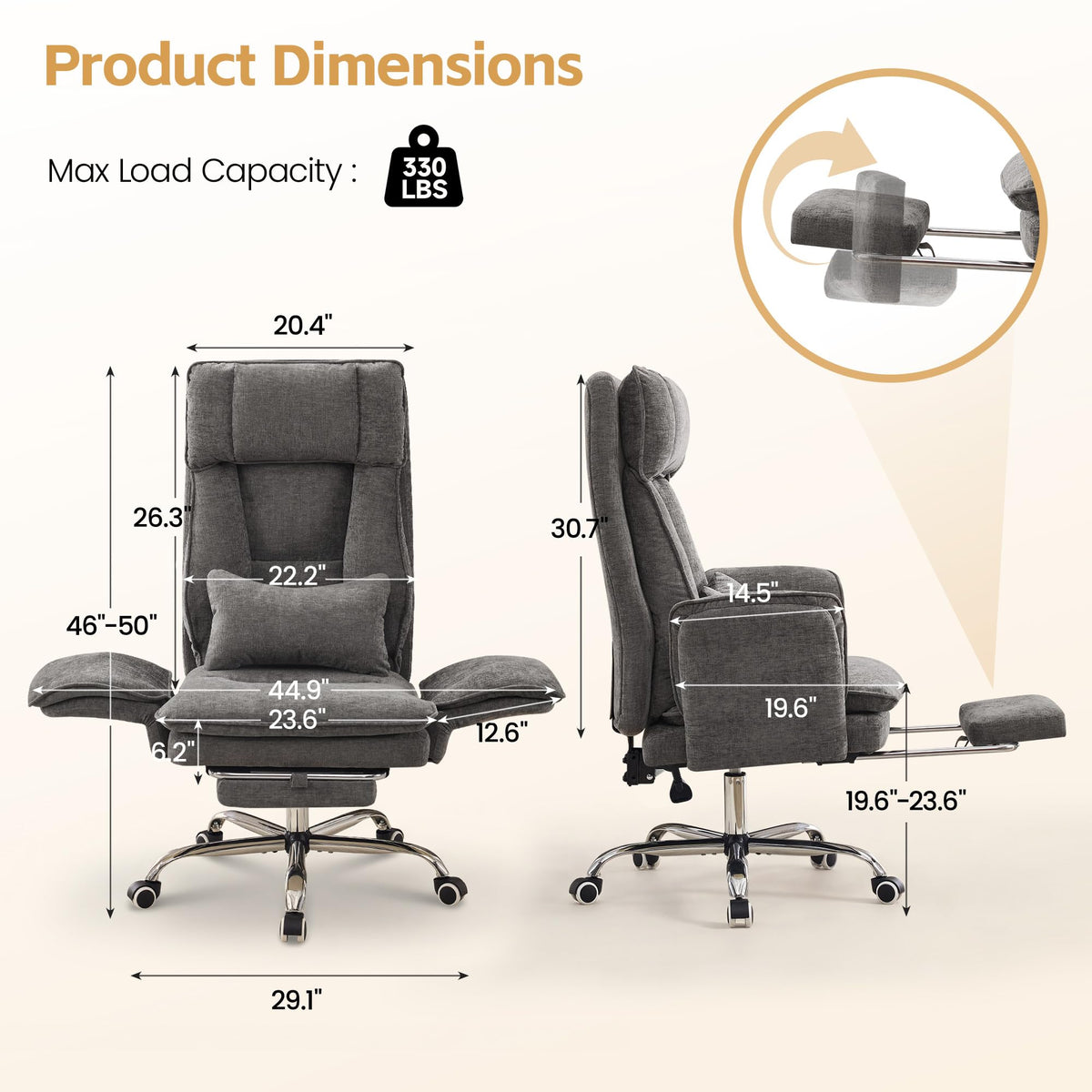 Big and Tall Office Chair, Footrest & Flip Armrest for Pets, Light Grey, Chenille