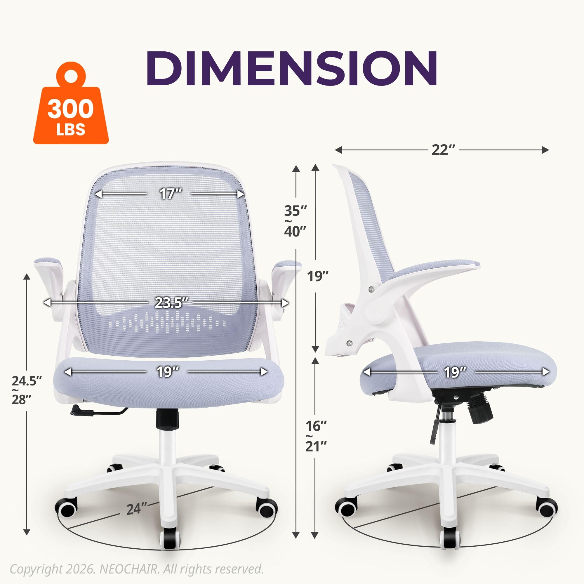 Neo Chair Office Desk Chair, Ergonomic Mesh with Flip-up Armrests, Purple, 23.5 inches x 24.4 inches x 40 inches