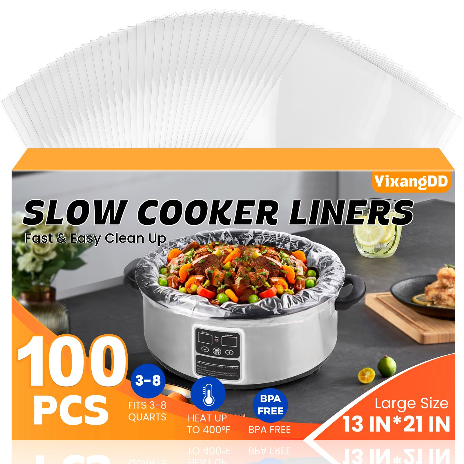 100 Pack Slow Cooker Liners, Large Size 13"x 21" Cooking Bags Disposable Pot Liners, Plastic Slow Cooker Bags Fits 3-8 Quarts, BPA Free, Suitable for Oval & Round Pot
