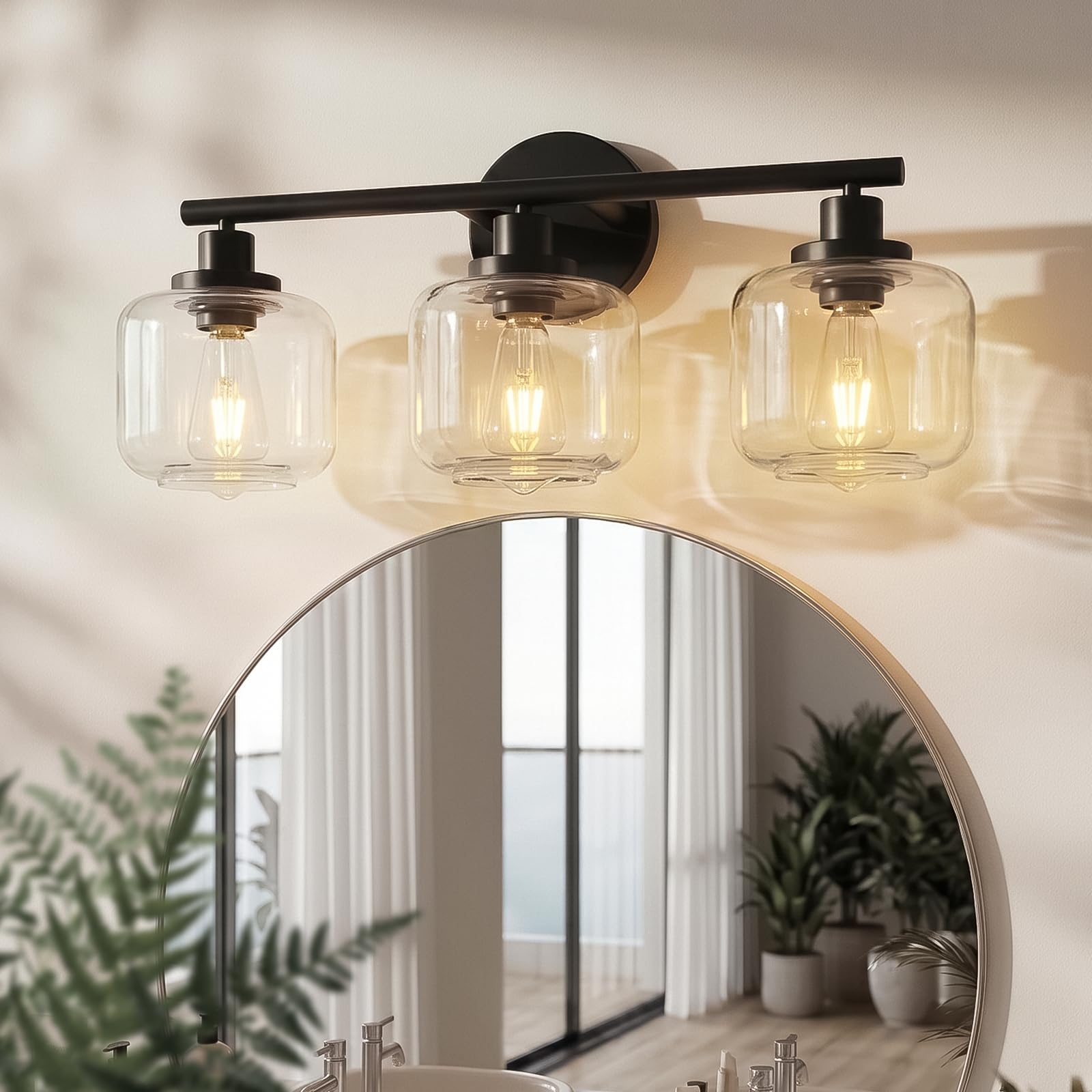 2026 Bathroom Light Fixtures, 3-Light Matte Black Vanity Light, 22 Inch Wall Sconces with Clear Glass Shade, Modern Bathroom Wall Lights for Mirror Kitchen Bedroom Hallway (Exclude E26 Bulb)