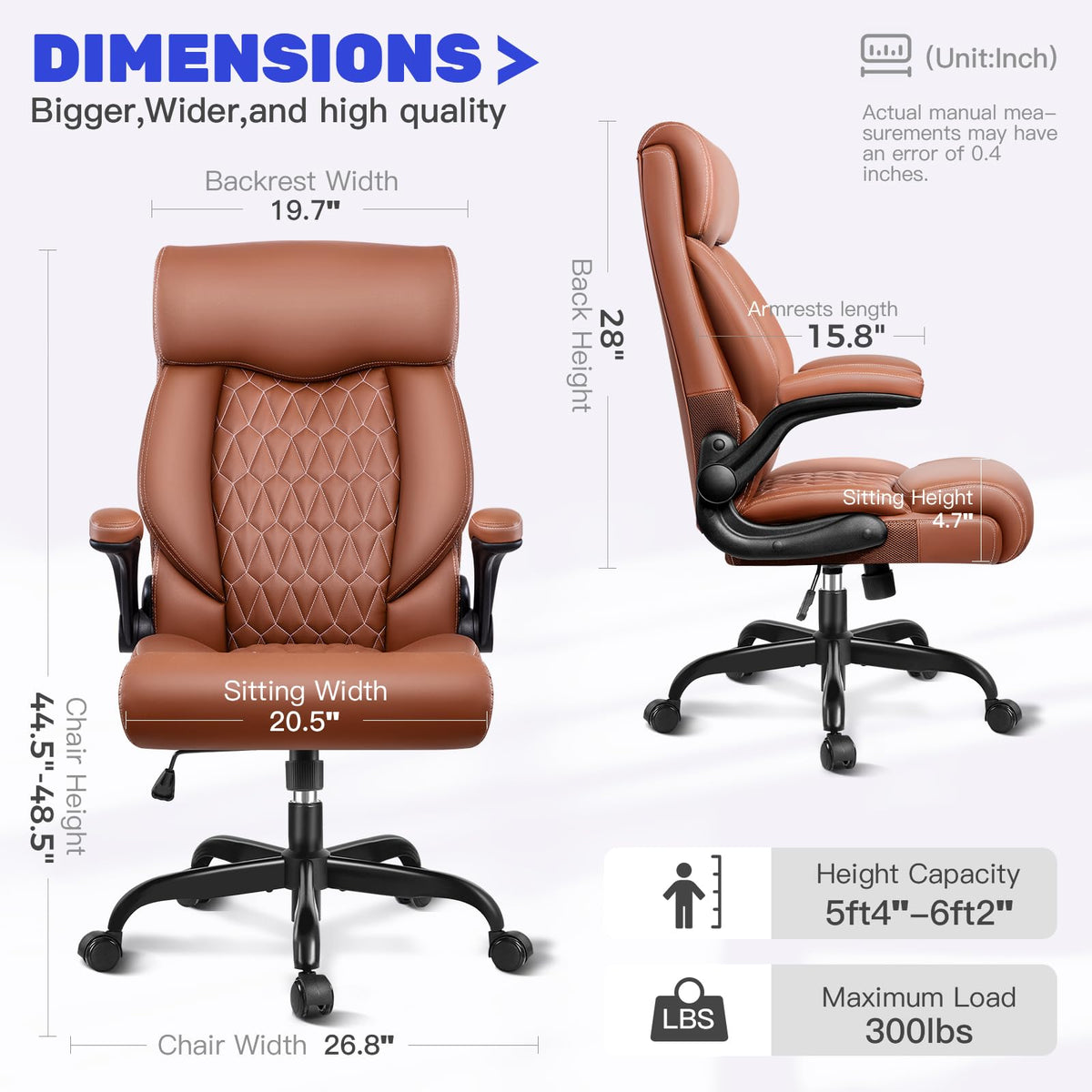 High Back Executive Office Chair - Ergonomic Computer Desk with Rocking Function, Leather Managerial with Adjustable Flip-up Armrests and