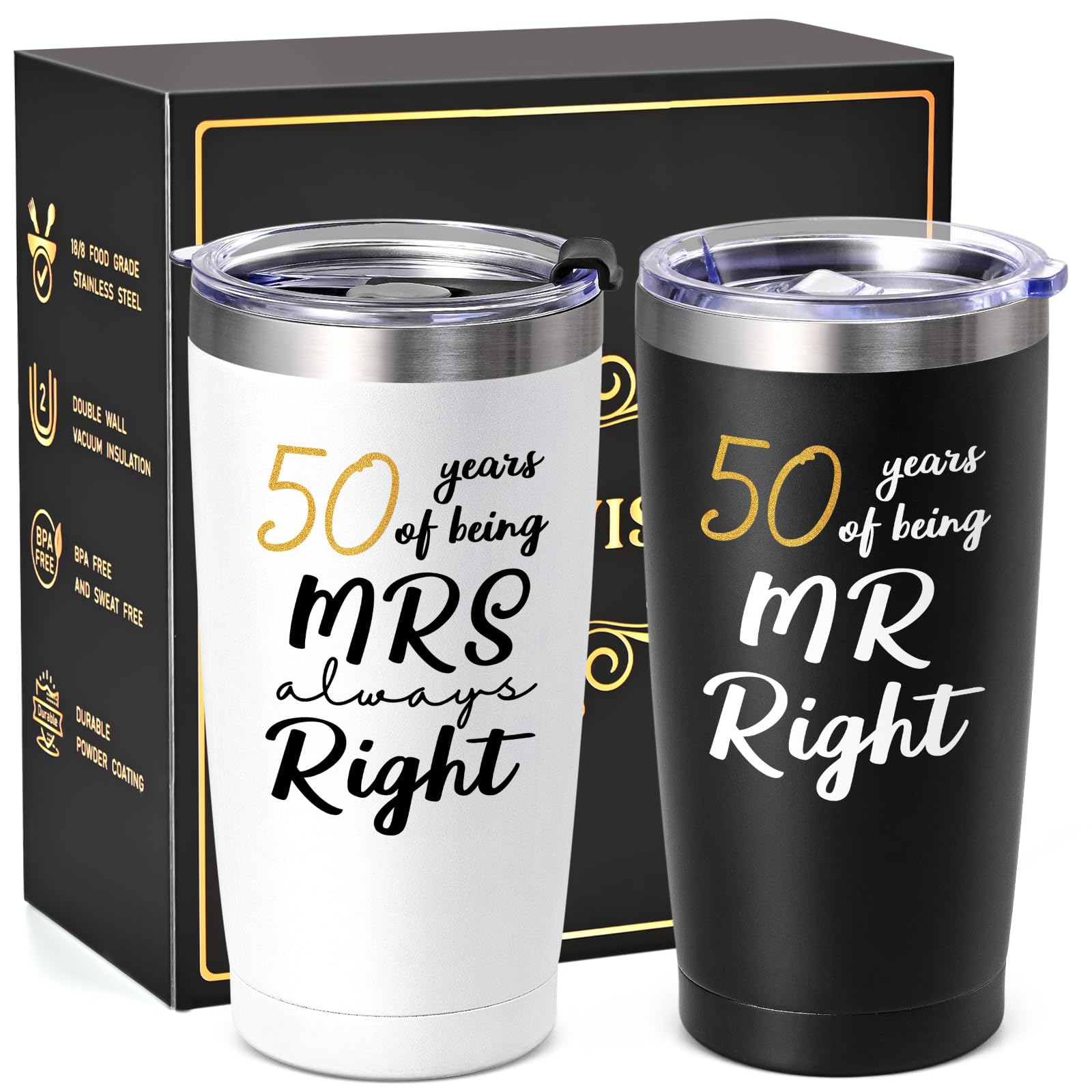 Lifecapido 50th Wedding Gifts, Couple Gifts Ideas for Parents Friends Hunsband Wife, 50th Mr Right & Mrs Always Right Tumbler Set with Lid & Straw(20oz, Black & White)