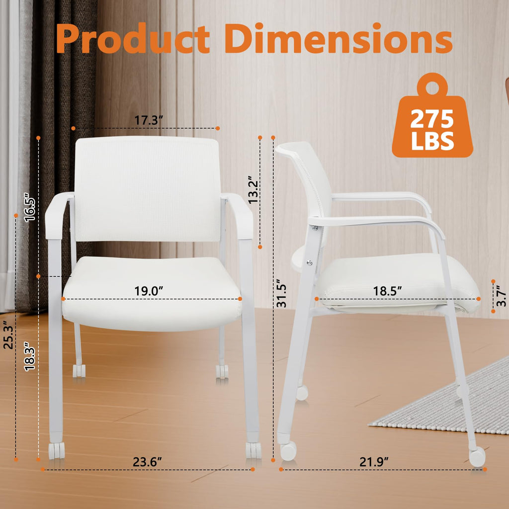 Clatina Stacking Office Chairs with Wheels | Mesh Back, Thicken Leather Seat and Streamline Armrests, Ergonomic Lumber Support | School, Desk,